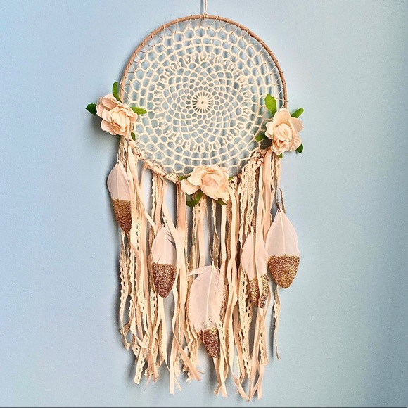Floral Macrame Gold Tipped Feather Dream Catcher - Picture 1 of 8